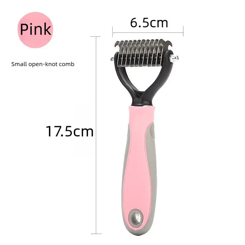 Pinke doppelseitige Tierpflegebürste mit schwarzem Griff und 6,5 cm Bürstenplatte.