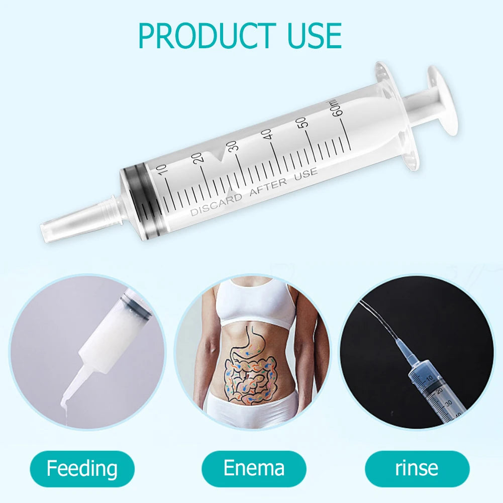 A clear syringe with a graduated scale is shown alongside images demonstrating its use for feeding, enema, and rinse.