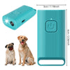 A teal portable ultrasonic dog bark deterrent device shown in various views and next to a dog.