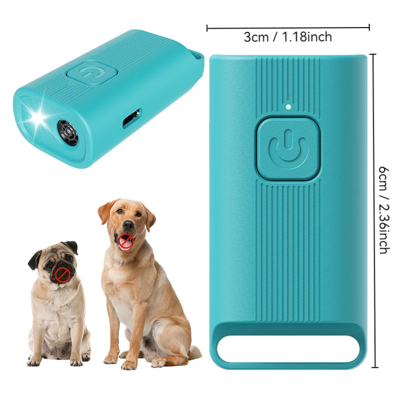 A teal portable ultrasonic dog bark deterrent device shown in various views and next to a dog.