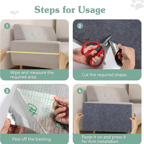 Steps for usage showing how to cut and install a self-adhesive cat scratch protector on furniture