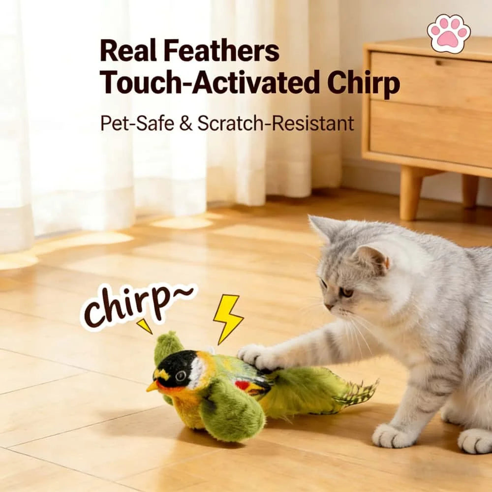 A gray cat interacts with a small, colorful bird toy featuring realistic feathers and a chirping sound.