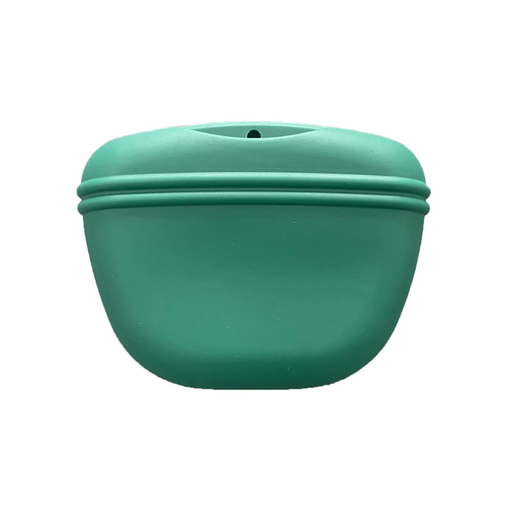 A teal silicone dog treat pouch with a magnetic closure and waist clip.