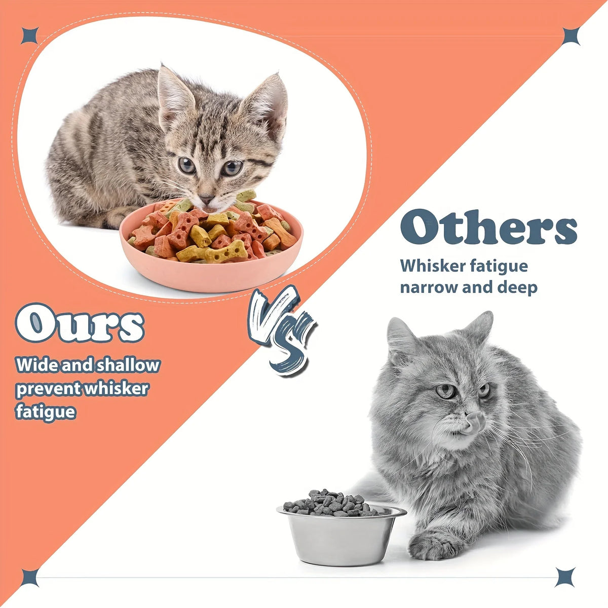 A cat is eating food from a shallow bowl, contrasted with another cat looking at a small metal bowl.