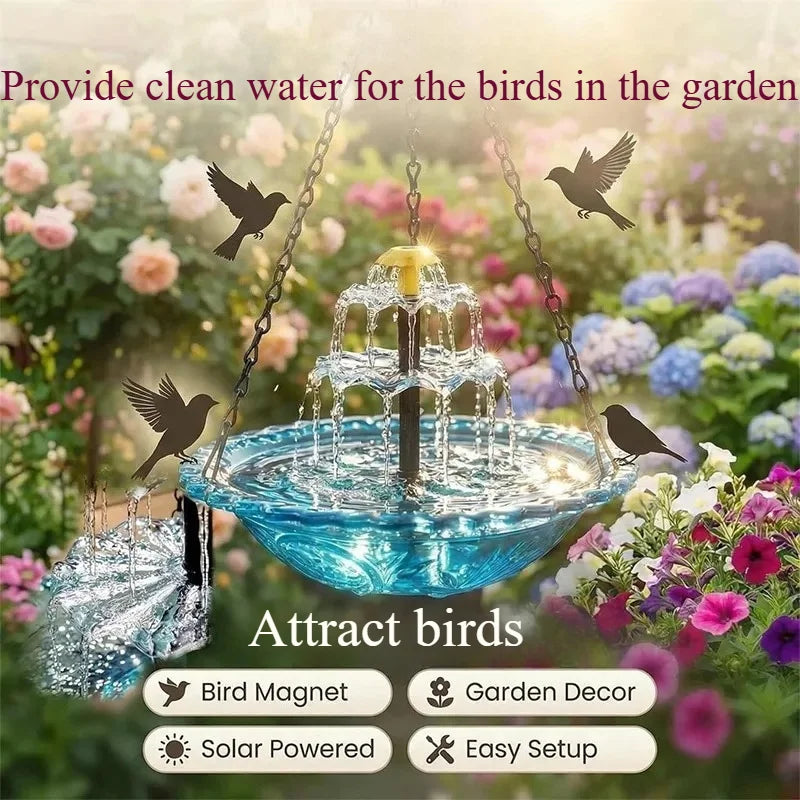 Fontaine pour oiseaux solaire à plusieurs niveaux dans un jardin.