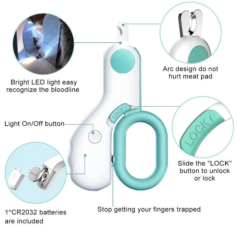 Weiße LED-Nagelnipper für Haustiere mit grünem Sicherheitsverschluss für einfache Handhabung und Schutz.