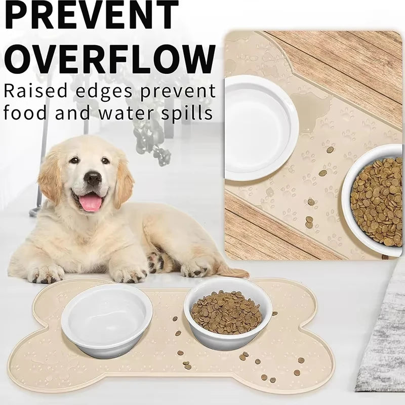 Anti-slip silicone pet feeding mat with raised edges shown next to a dog and bowls for food and water.