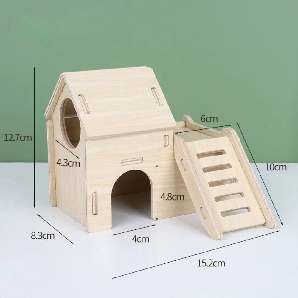 Natural Wooden Hamster Villa with Climbing Platform