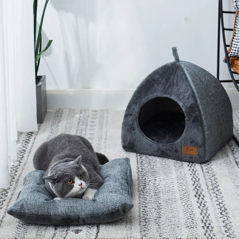 Un chat tigré gris se repose dans un nid de velours, sur un tapis clair.