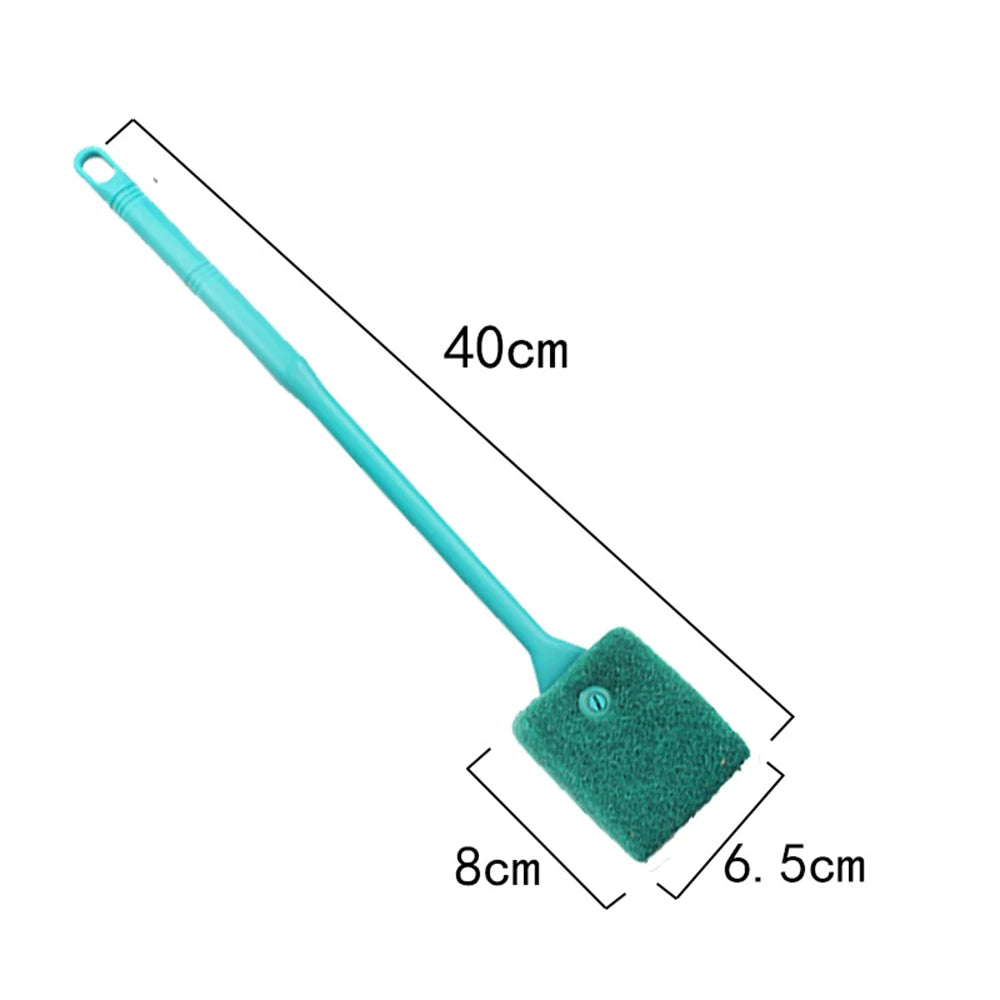 A long, slender teal cleaning brush with a wide, green, dual-sided head.