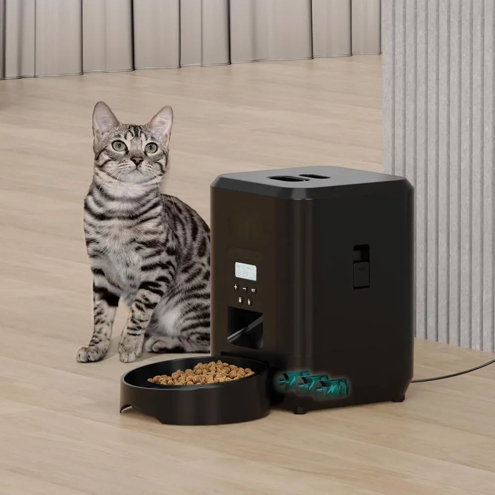 A black smart automatic pet feeder sits on a wooden floor next to a tabby cat.