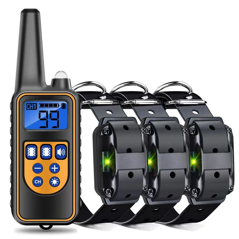 A black rechargeable remote dog training collar with an LCD display and multiple attachments.