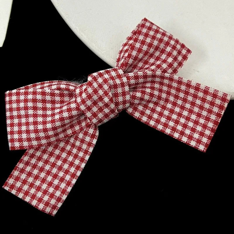 Red Plaid Fabric Bow Hair Clips for Girls