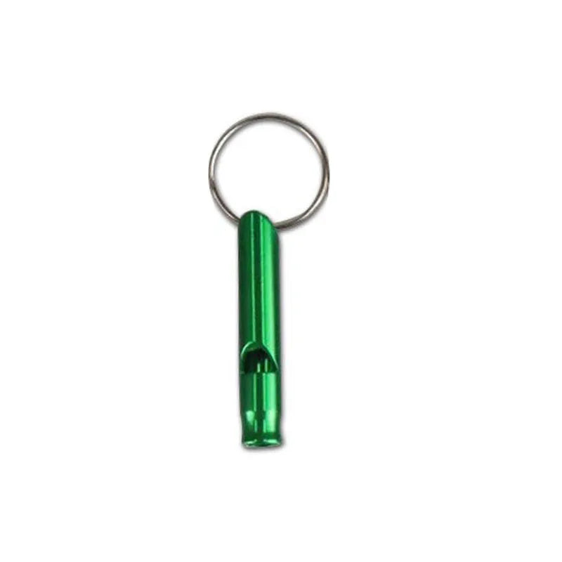 A green parrot training whistle with a metal hoop.