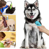 A fluffy husky dog sitting next to hands demonstrating a detachable stainless steel clipper blade for pet grooming.