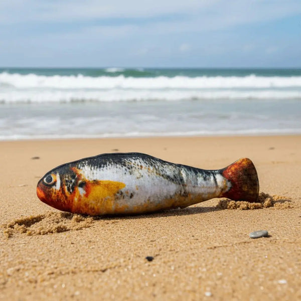 A small, colorful fish toy lying on wet sand near the ocean waves.