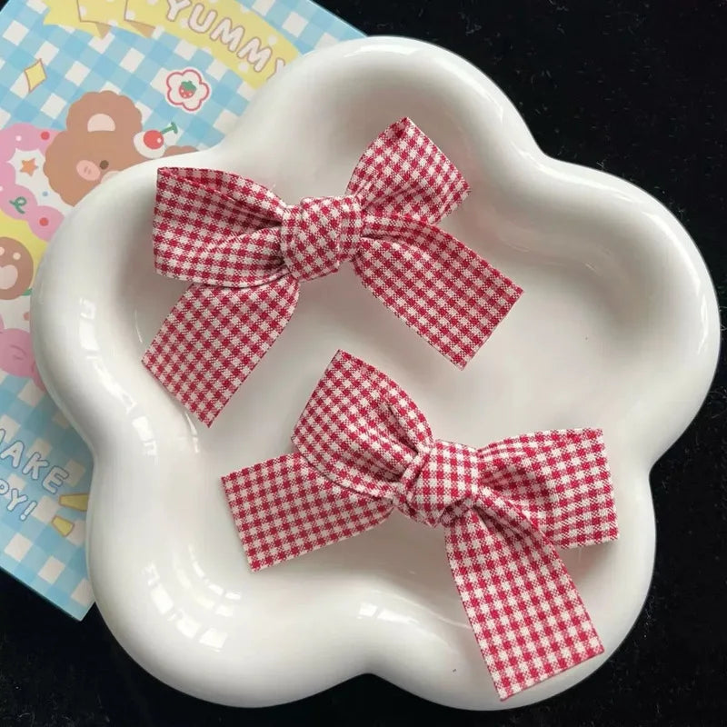 Red Plaid Fabric Bow Hair Clips for Girls