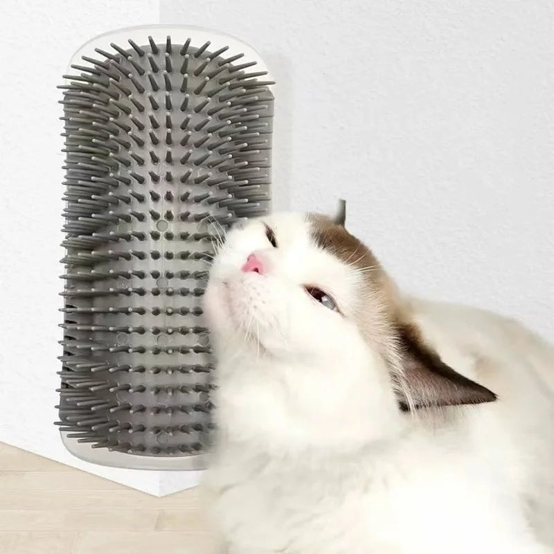 A white and brown cat looks up at a grey silicone massage brush with numerous bristles.