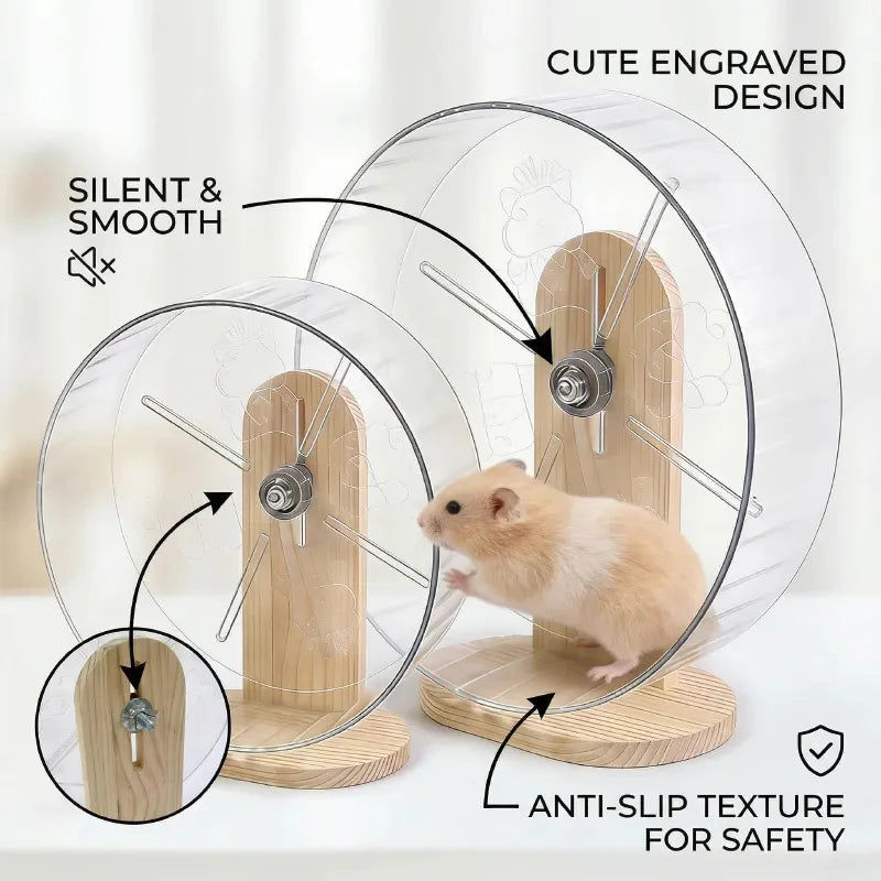 Silent Acrylic Hamster Running Wheel with Wooden Stand