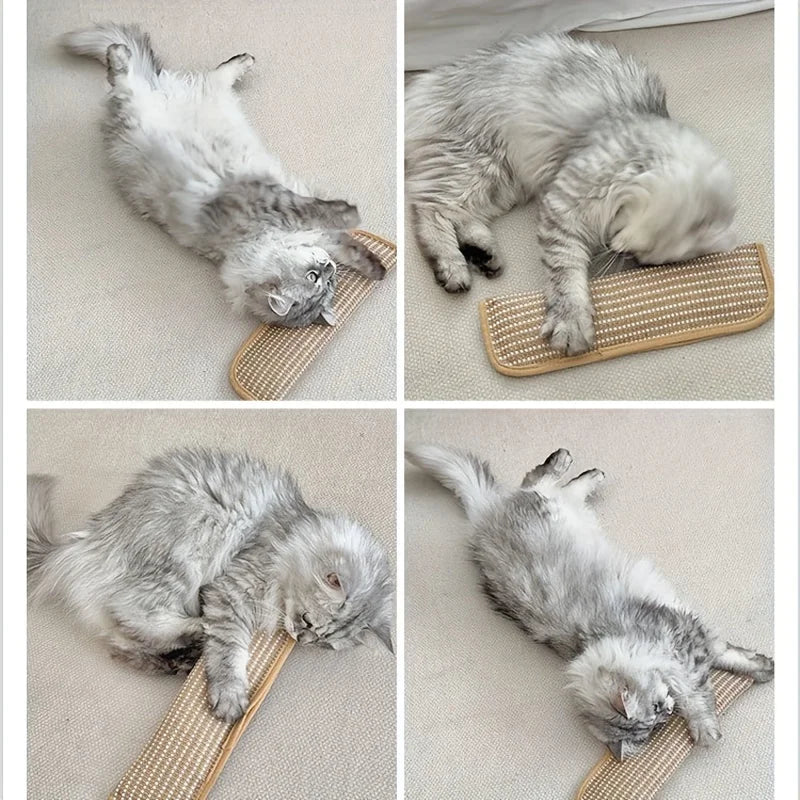 Three images of a fluffy gray and white cat using a hemp scratching pad and lounger for scratching and lounging.