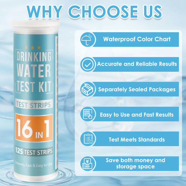 A tube of drinking water test kit with 16 test strips and a waterproof color chart.