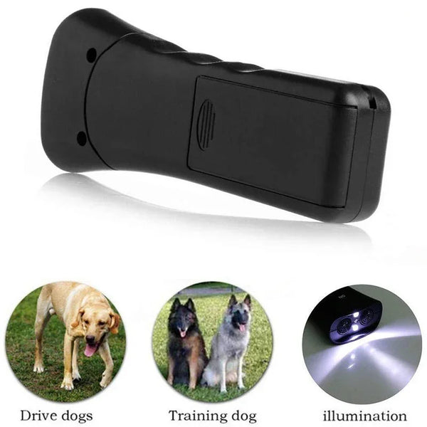 Black ultrasonic dog repeller device shown next to images demonstrating its use for driving dogs, training dogs, and illumina