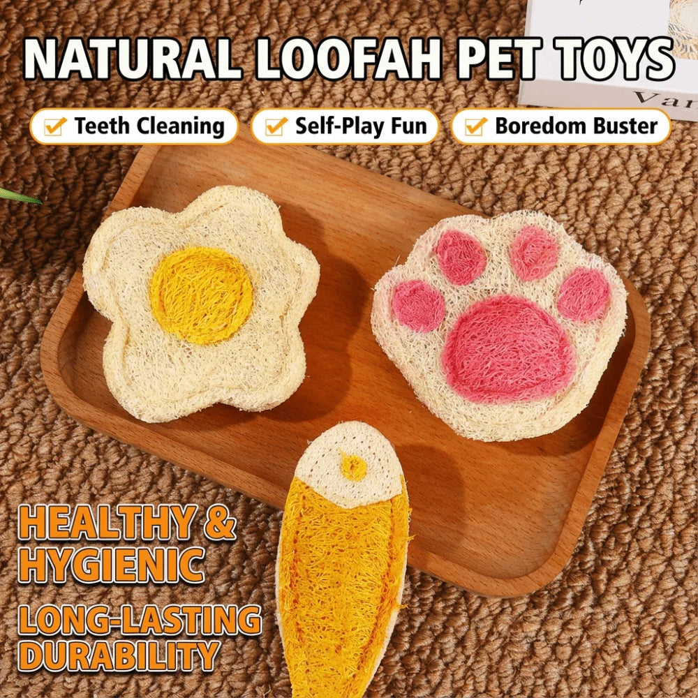Natural loofah cat toys including a paw shape and a fish shape for pet chewing and teething