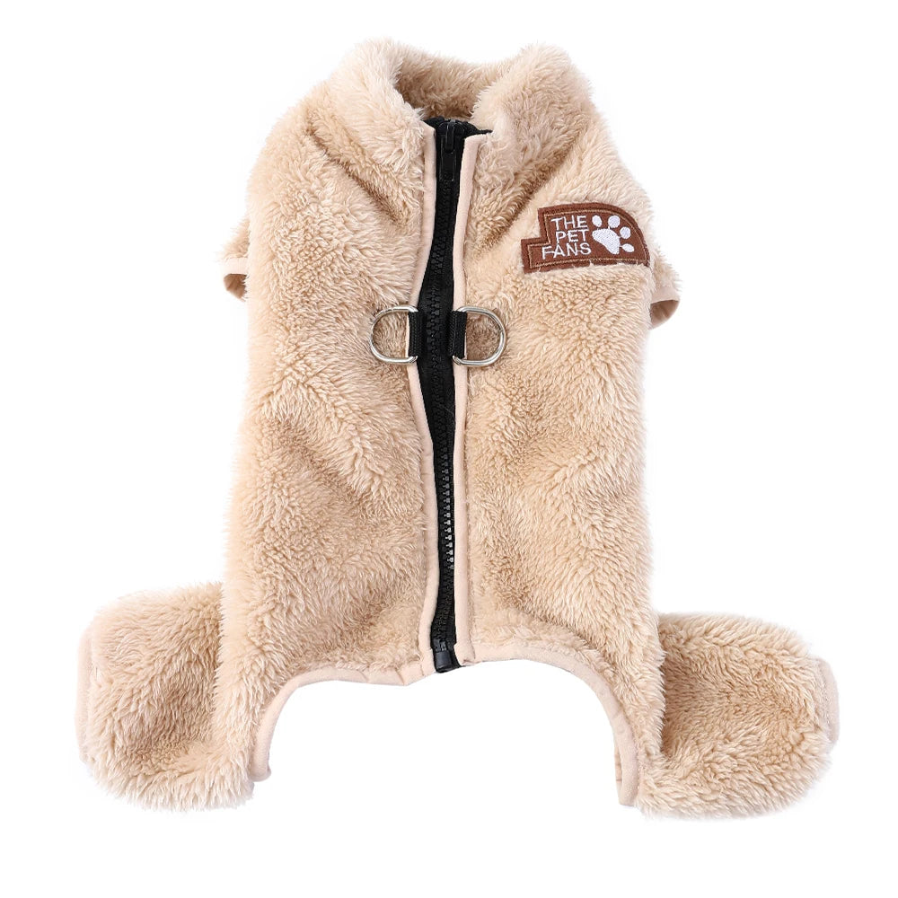 A light tan fleece dog jumpsuit with a zipper and paw print embroidery.