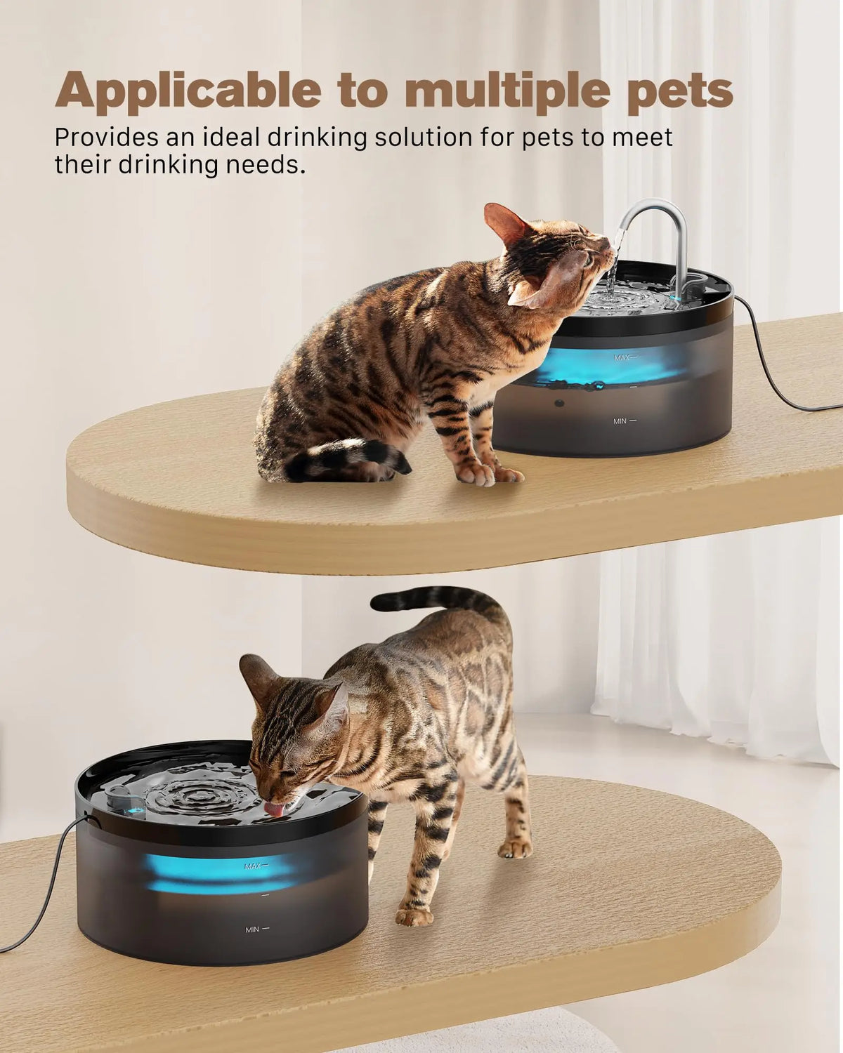 A tabby cat is drinking water from an automatic pet water fountain on a wooden surface.