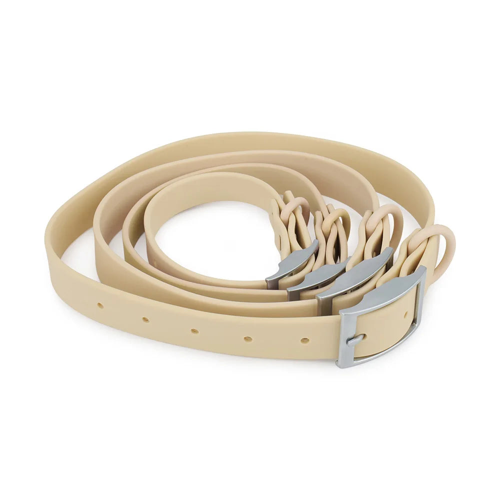 A beige adjustable PVC pet collar with a silver buckle and braided leather-like ends.