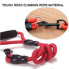 A close-up of a red and black rope material dual dog leash coupler with metal clasps.