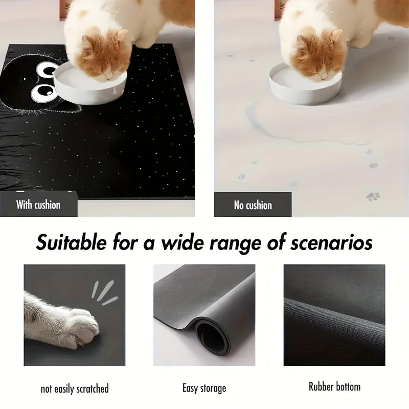 A white pet feeding mat with a cat pattern shown in use, demonstrating suitability for various scenarios like scratching prev