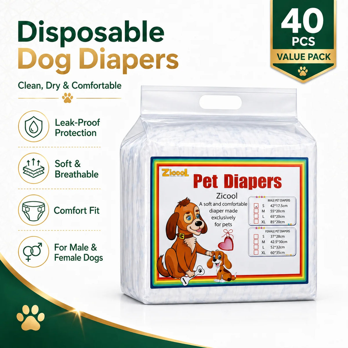 Soft Breathable Disposable Diapers for Dogs - 40 Pack