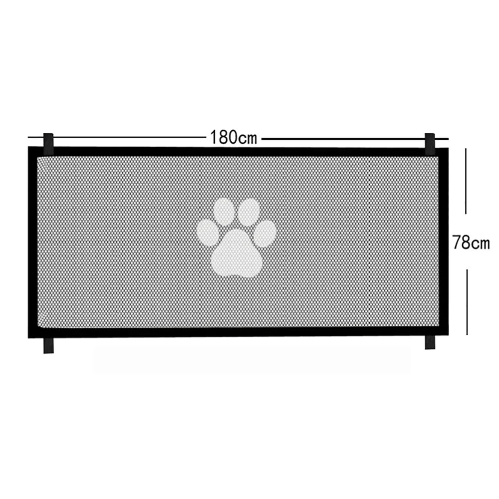 A rectangular pet safety mesh gate with a paw print design, measuring 180cm by 78cm.