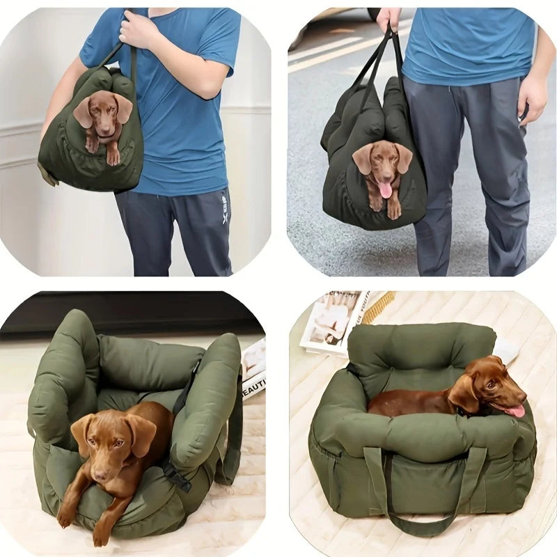 Dog Car Seat with Safety Belt – Non-Slip, Washable Travel Bed for Small Dogs