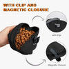 Black silicone dog treat pouch shown with a hand, demonstrating the clip and magnetic closure features.