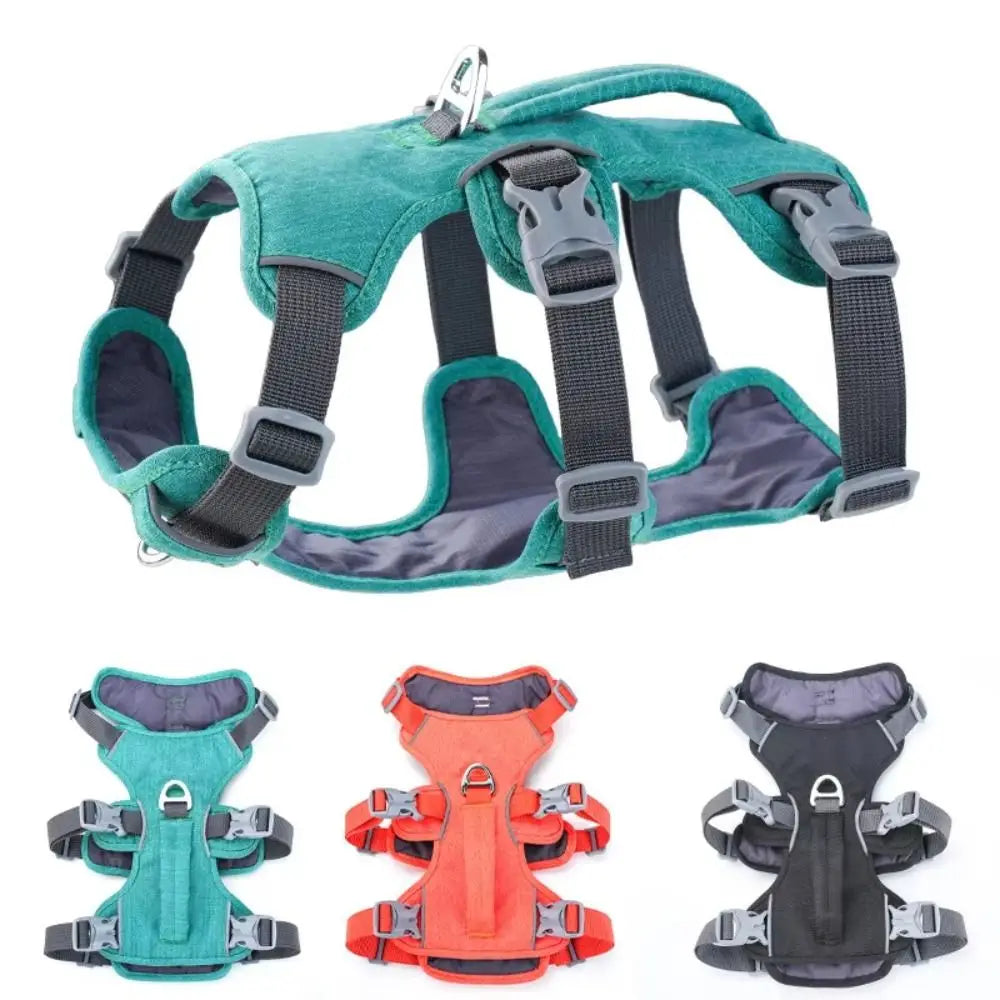 A set of reflective padded dog harnesses in teal, gray, and orange colors shown from the back.