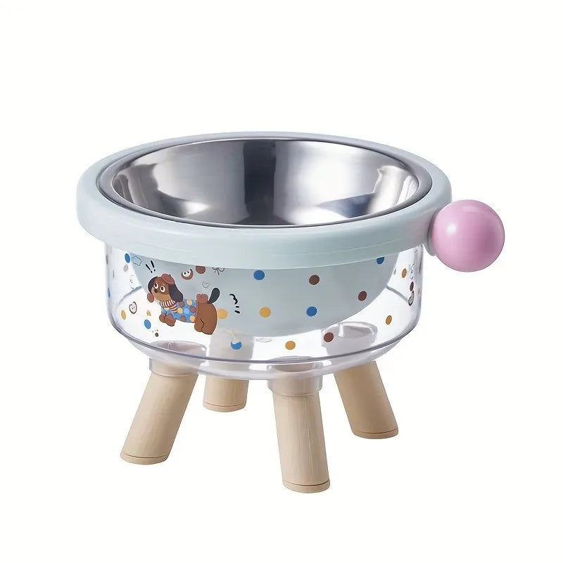 Elevated stainless steel double pet bowl with a light blue stand and pink feeding ball