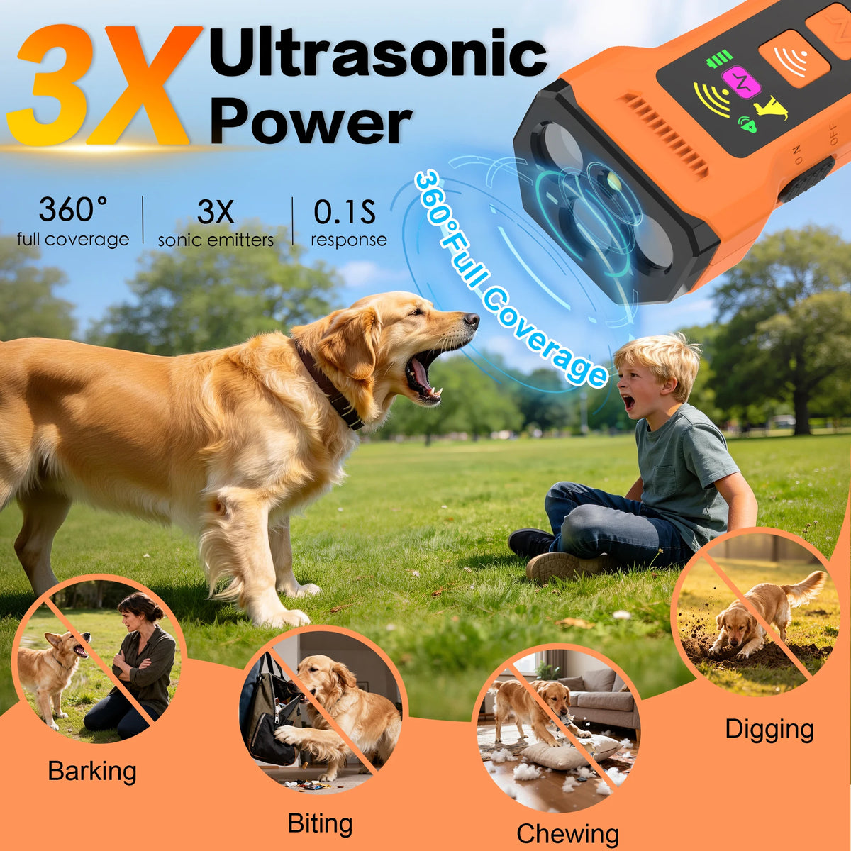 Orange ultrasonic dog training device demonstrating 3X power for barking, biting, and chewing deterrence.