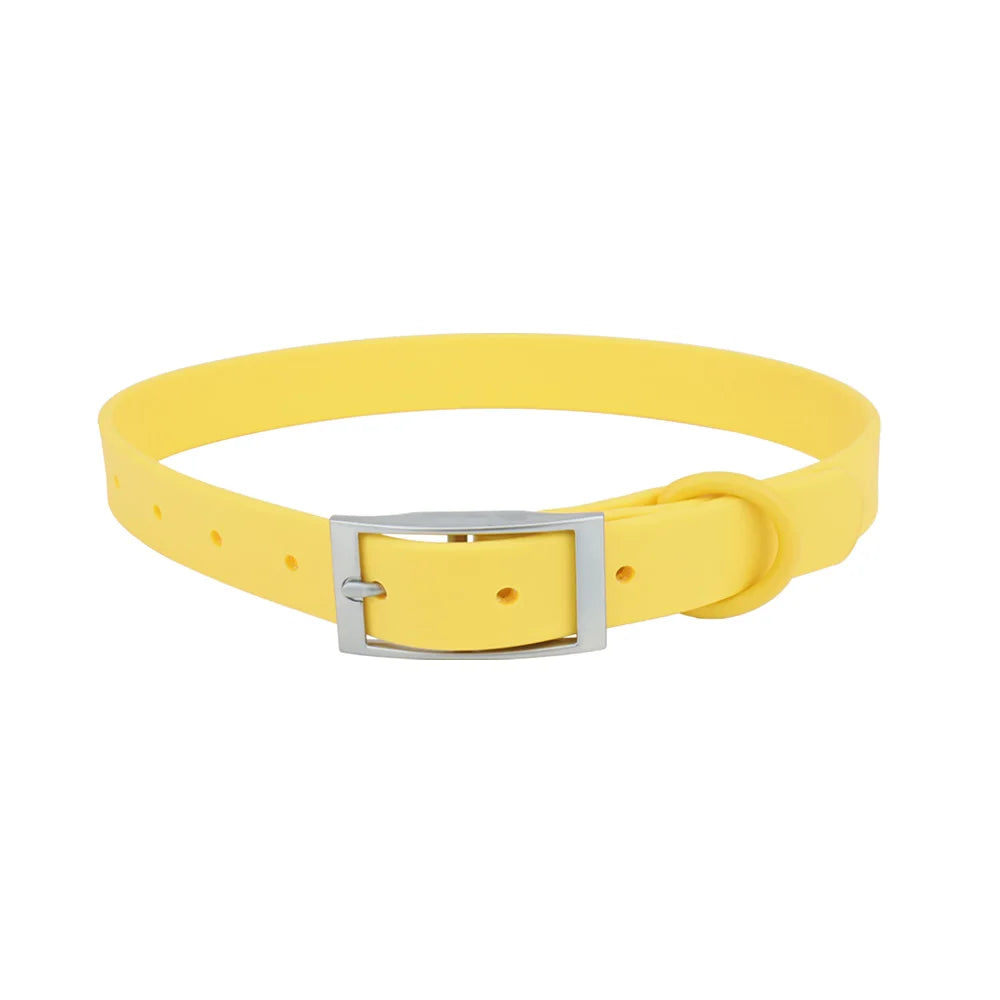 Yellow adjustable PVC pet collar with a silver buckle for dogs and cats
