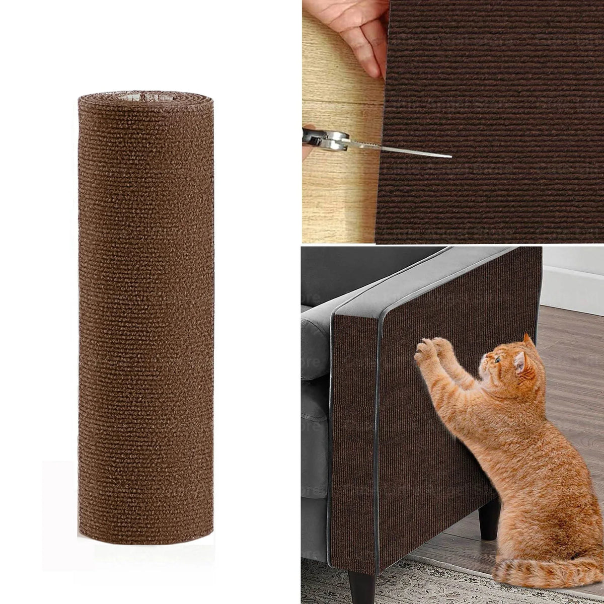 Un tapis anti-rayures pour chat brun auto-adhésif roulé, à côté d'un morceau de tissu brun foncé.