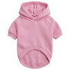 A pink fleece hoodie for a dog, featuring a hood and ribbed cuffs and hem.