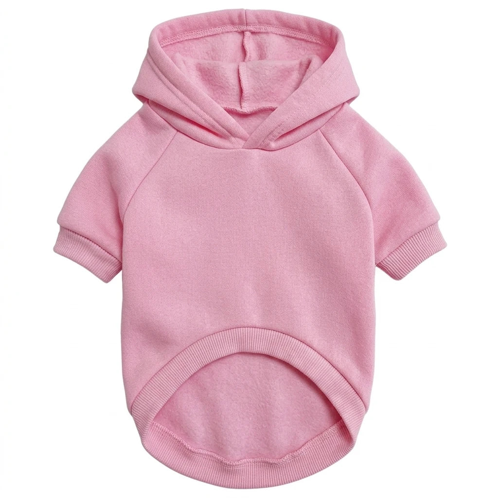 A pink fleece hoodie for a dog, featuring a hood and ribbed cuffs and hem.