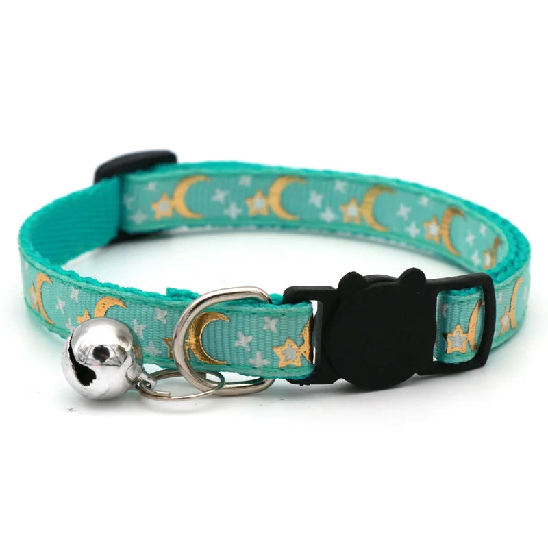 A turquoise pet collar with a black cat charm and a gold bell necklace.