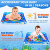 A blue inflatable sea animal water play mat for babies, shown in hot and cold weather contexts.