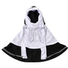 A funny Halloween cat nun costume for dogs and cats, featuring a white and black outfit with a cross detail.