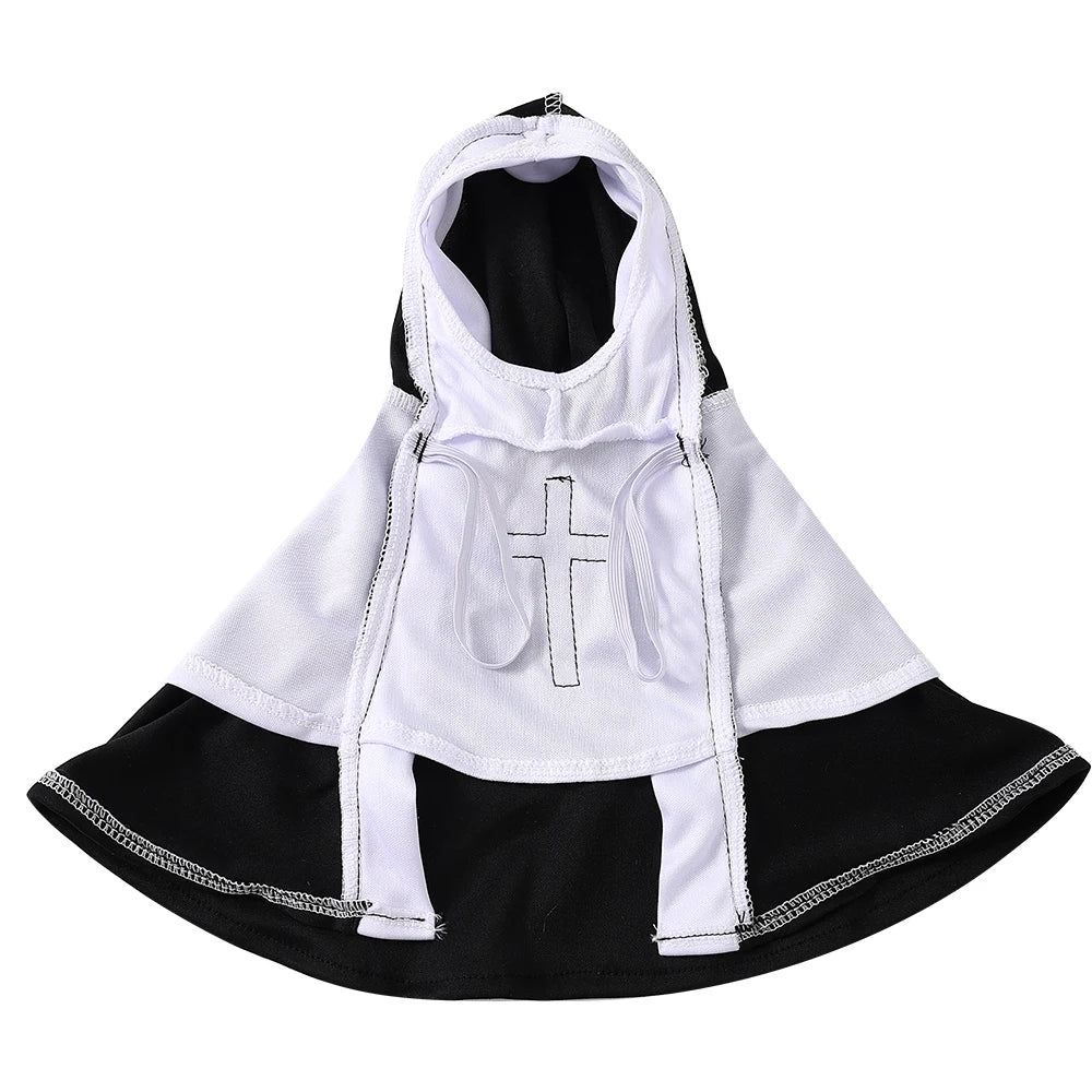 A funny Halloween cat nun costume for dogs and cats, featuring a white and black outfit with a cross detail.