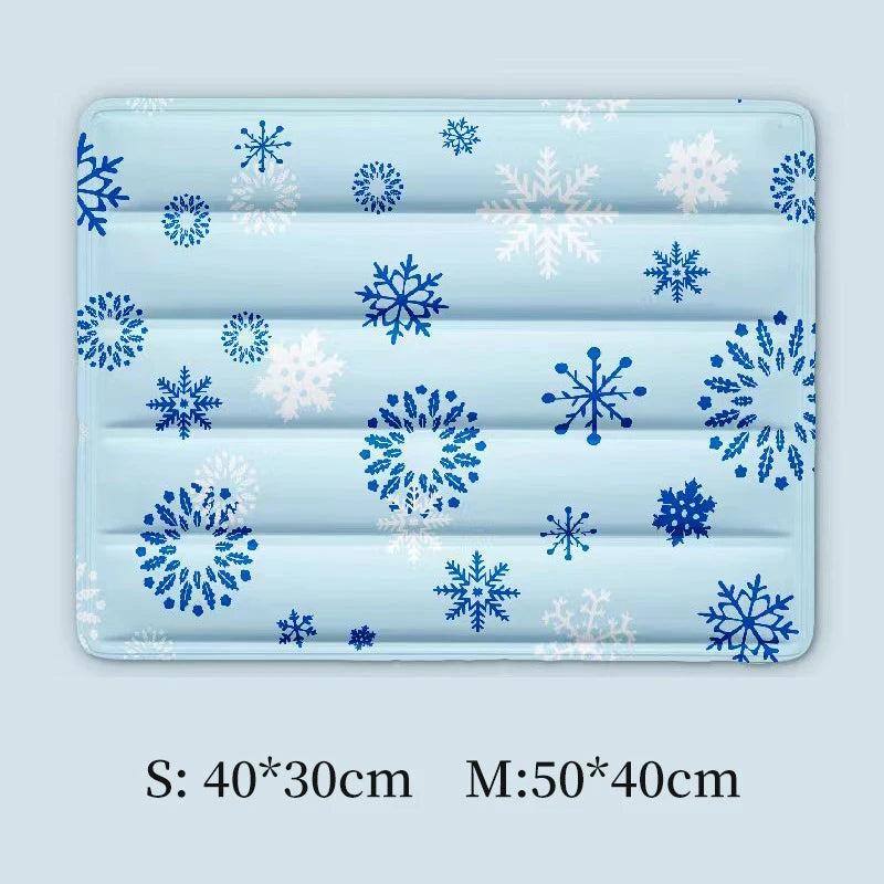 Light blue pet mat with white snowflake patterns for dogs and cats