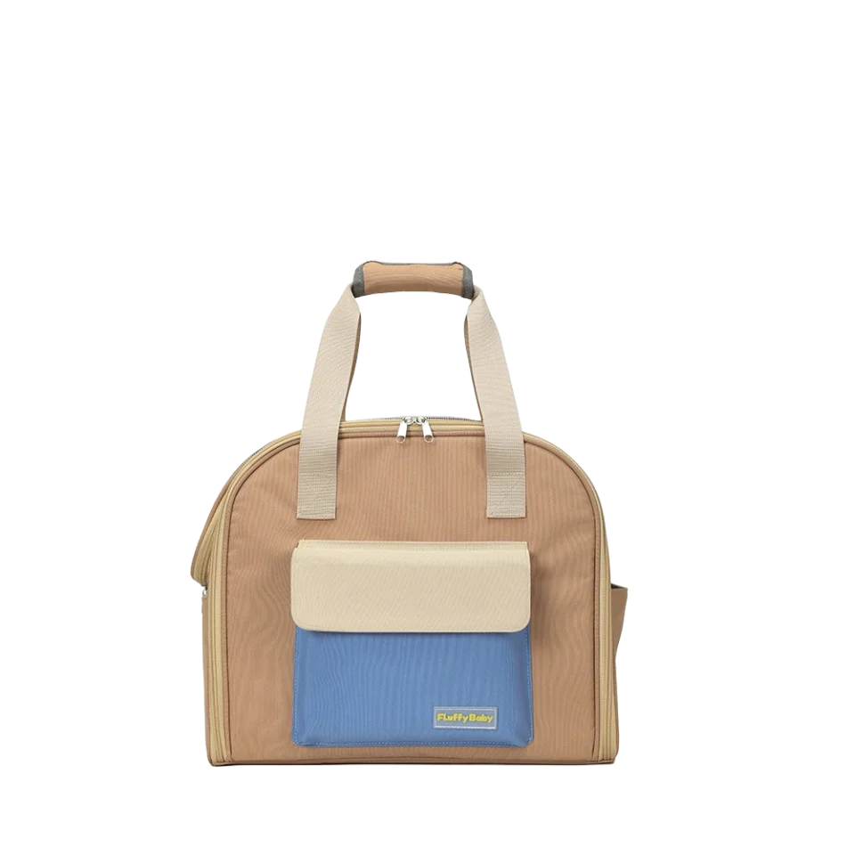 A beige breathable pet carrier backpack with a light blue insert for small pets.