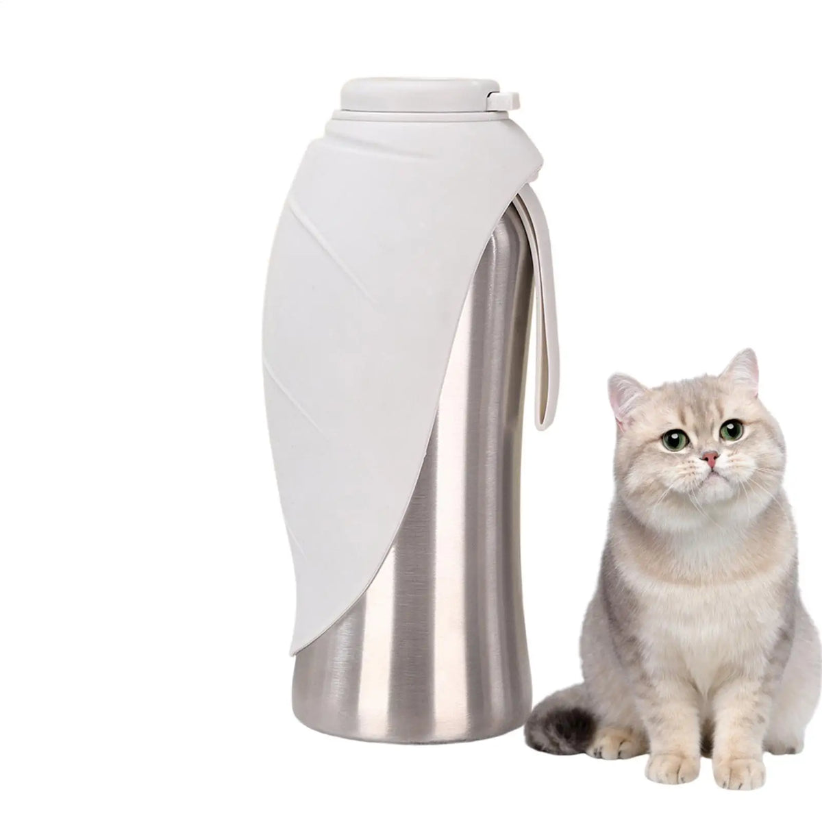A silver portable leak-proof dog water bottle with a white fabric cover and built-in bowl, next to a cat.